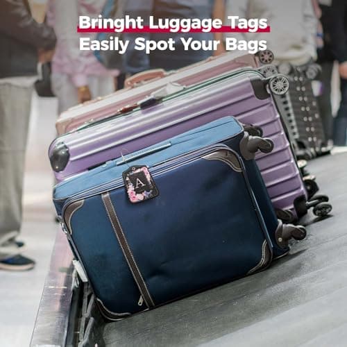 Initial Luggage Tags for Suitcases 4 Pack TSA Approved, PU Leather Luggage Suitcase Tags for Travel Baggage Name Personalized, Bag Tags for Easy Identification - Black & Pink Floral (Letter A) 5