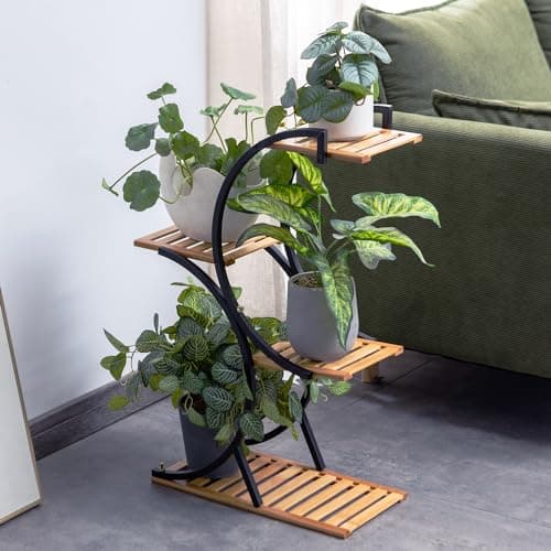 Bamboo 4-Tier Plant Stand Rack Multiple Flower Pot Holder Shelf Indoor Outdoor Planter Display Shelving Unit for Patio Garden Corner Balcony Living Room 5