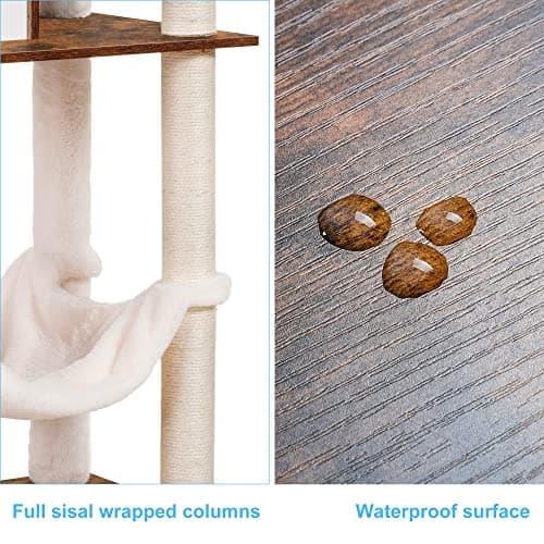 Hey-brother Wooden Cat Tree, 66.1“ Cat Furniture with Scratching Posts, Modern Cat Tower with hammocks, Toys, cat condo, Rustic Brown MPJ120SR 8