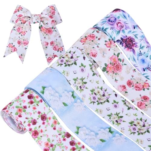 Floral Grosgrain Ribbon, 5 Rolls Flower Pattern Ribbon Spring Summer Fabric Decorative Craft Ribbon Roll for Gift Wrapping Decor Hair Bow Sewing Wreath Crafts (Mixed Color, 1-1/2Inch X 10Yards)
