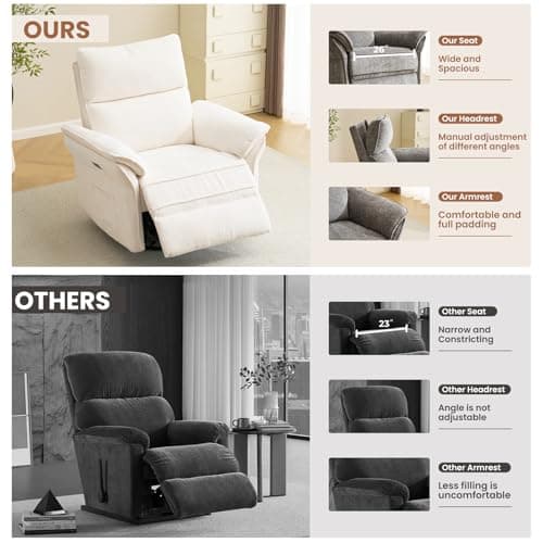 Rhevoy Oversized Power Recliner Chair Swivel Glider with Massage and Heat, Rocker Nursery Recliner for Adults with Adjustable Headrest, 26" Extra Wide Nursery Chair with Overstuffed Armrest,White 8