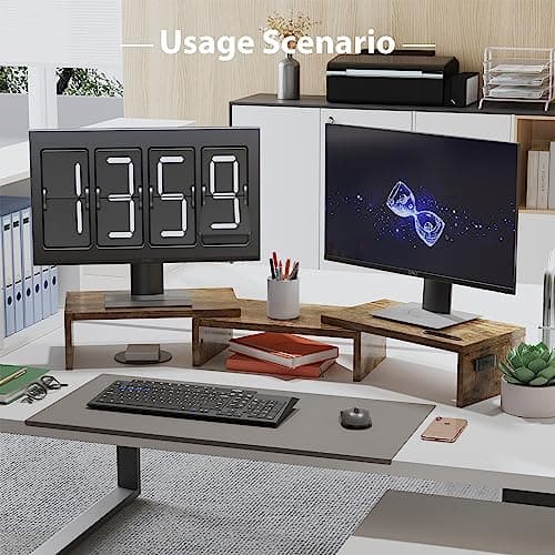 BONTEC Dual Monitor Stand Riser with Smartphone Holder, Adjustable Length & Swivel Angle, Ergonomic Wooden Desktop Organizer for PC Monitor, Laptop, Printer, Large Storage, Rustic Brown 8