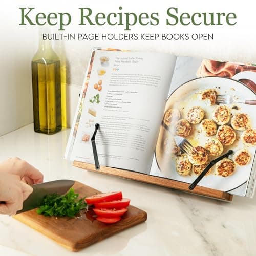 Cookbook Stand for Kitchen Counter – Adjustable Wood Book Holder with Resin Accent, Rustic Recipe Book Stand with Secure Page Grips, Compatible with Cookbooks & Tablets 7