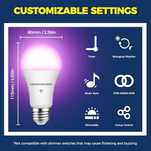 Lightinginside Smart Light Bulbs 100W Equiv., 1350LM 11W Smart Bulb Works with Alexa/Google Home/SmartLife, A19 E26 RGBCW Color Changing, No Hub Required, 2.4G WiFi Bluetooth Bulb, ETL Listed, 4PCS 7