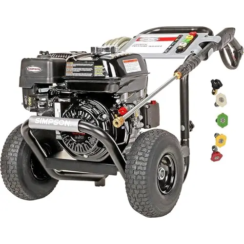 SIMPSON Cleaning PS3228 PowerShot 3300 PSI Gas Pressure Washer, 2.5 GPM, Honda GX200 Engine, Includes Spray Gun and Extension Wand, 5 QC Nozzle Tips, 5/16-inch x 25-foot MorFlex Hose, 49-State