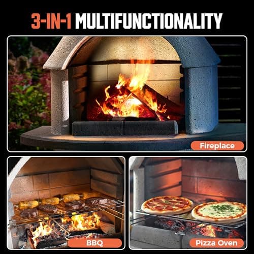 BIG HORN PRIME Concrete Outdoor Fireplace with Grill, Wood Burning Fireplace with Wood Storage and Chimney, Include Grill Rack & Charcoal Pan, 79.9”H 3