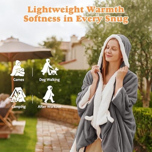 ACCU-WARMTH Wearable Heated Blanket - Fast Warm Up Electric Blanket Hoodie with 6 Heat Levels, Snuggies for women, gifts for her, 50"x60", London Grey 5