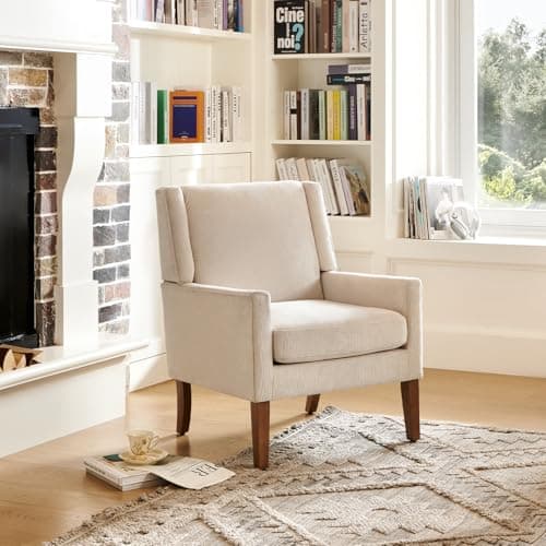 COLAMY Modern Wingback Living Room Chair, Upholstered Fabric Accent Armchair, Single Sofa Chair with Lounge Seat and Wood Legs for Office/Bedroom/Reading Spaces, Beige 7