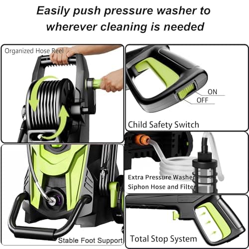 Pressure Power Washer 4500PSI with 4 Quick Connect Nozzles,Inlet Hose & Filter, Foam Cannon for Cars/Fences/Driveways/Patios/Home Cleaning(Green) 5