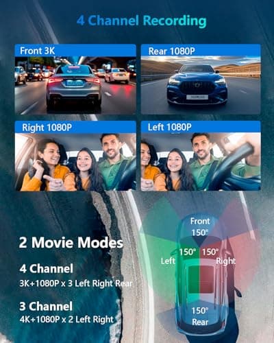 AI Dash Cam Front Rear Inside with Driver Monitor System, 360° Car Camera 4K, 4 Channel Camera for Cars Built-in WiFi GPS, Dashcam Free 128GB SD Card, Night Vision, 24H Parking Mode, Upgrade DMS V8Pro 5