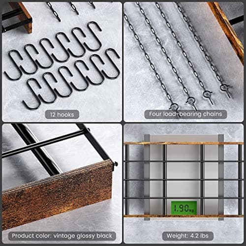 MAWEW Pot Rack Hanging,Pot Hanger,Hanging Pot Rack Ceiling Mount,Vintage Pot Hangers for Kitchen Ceiling,The Terfect Combination of Iron and Wood Pot Hanger,Measures 24 x 13 x 2.4 Inches.（Black） 5