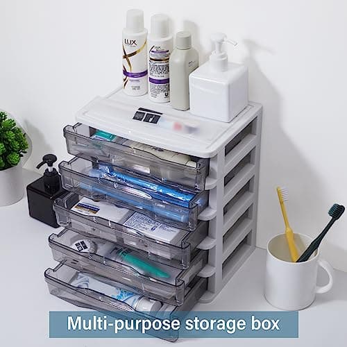 Charmewooden Plastic Drawers 5 Layer Desktop Storage, Small Organizer Box Storage Container Case, Desktop Organizer with Clear Drawers for Home, Office, Stationery, Jewelry and Cosmetics 7
