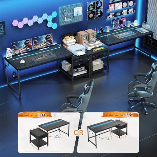 DurayLoly 56 Inch Gaming Desk with Drawers and Shelf,Reversible Computer Desk with LED Lights and Power Outlets,Study Table with Hooks for Headphone,Bags,Black Desk Work Desk for Bedroom,Dorm 9