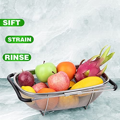 Tiawudi 6-Quart Large Over The Sink Colander, Heavy Duty 40% Thicker 18/8 Stainless Steel Fine Mesh Strainer Basket with Expandable Rubber Grip Handles - Strain, Drain, Rinse Fruits, Vegetables 7
