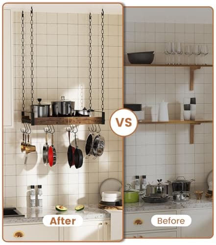 Creso hom Hanging Pot Rack, 24x13 Inch Pot Hangers for Kitchen with 12 S-Shaped Hooks, Vintage Ceiling Mounted Pan Holder with Raised Edges for Cookware Storage, Rustic Brown and Classic Black 5