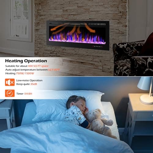 BETELNUT 50" Electric Fireplace Wall Mounted and Recessed with Remote Control, 750/1500W Ultra-Thin Wall Fireplace Heater W/Timer Adjustable Flame Color and Brightness, Log Set & Crystal Options 5