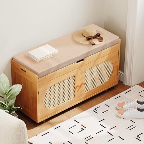 PETKABOO Rattan Shoe Storage Bench,Bamboo Entryway Bench, 2-Tier Shoe Rack,35.4" W x 12.6" D x 19.7" H with 2 Doors & Padded Seat Cushion for Entryway, Living Room, Bedroom, Natural 9