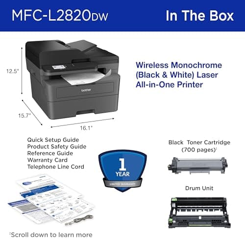 Brother MFC-L2820DW Wireless Compact Monochrome All-in-One Laser Printer with Copy, Scan and Fax, Duplex, Black & White | Includes Refresh Subscription Trial(1), Works with Alexa 7