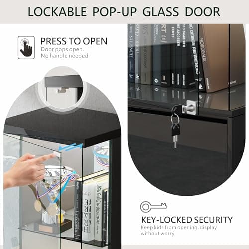 Lvifur Lockable Curio Display Cabinet with Glass Door,65" Lighted Curio Cabinet with 3 Color Lights for Collectibles,3-Tier Glass Display Case with Human Body Sensor for Living Room,Black 5