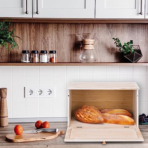 HOMEKOKO Vintage Large Wood Bread Box for Kitchen Counter, Retro Design Single Layer Bamboo Large Capacity Food Storage Bin (White) 7