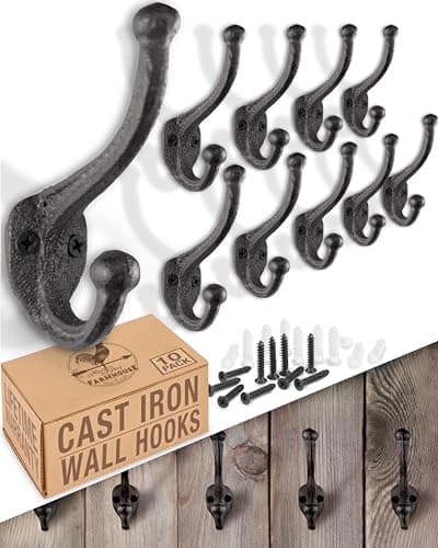 My Fancy Farmhouse Rustic Cast Iron Coat Hooks (10 Pack) Wall Mounted Farmhouse Decorative Wall Hooks, Vintage Hooks for Hanging Coats, Bags, Hats, Towels (Antique Black)
