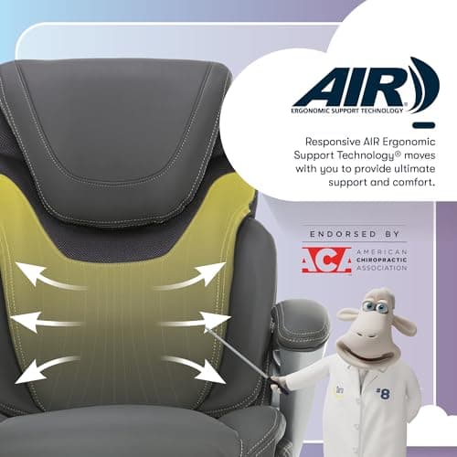 Serta Bryce Executive Office Chair - Ergonomic Computer Desk Chair with Patented AIR Lumbar Technology - Adjustable Height - Memory Foam Body Pillows - 360° Swivel Rolling Base - Bonded Leather - Gray 9