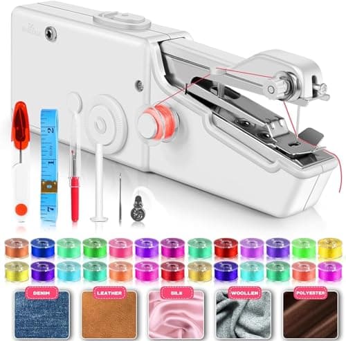 35PCS Accessories Portable Handheld Sewing Machine, Automatic Electric Hand Sewing Machine for DIY, Fabrics, Clothes, Home, Travel, Battery Operated and Easy to Use Mini Sewing Machine for Beginners