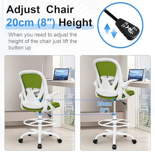 Primy Drafting Chair Tall Office Chair with Flip-up Armrests Executive Ergonomic Computer Standing Desk Chair with Lumbar Support and Adjustable Footrest Ring (AvocadoGreen) 6