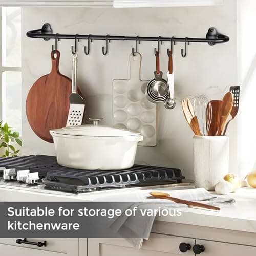 Mogaath Hanging Pot Pan Rack, Heavy Duty 5/8'' Diameter Adjustable Kitchen Organizer, 32 Inch Iron Wall Mounted Pot Rack Detachable Rail with 5 Hooks for Pots, Pans, Lids, Utensils, Matte Black 8