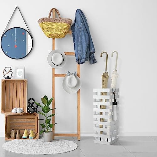 Tudomro Umbrella Stands for Entryway Large Metal Umbrella Holder 6.3 x 5.5 x 16.5 Inches with Removable Water Tray and Hooks Decor Freestanding Rectangular Storage Hollow Rack for Home Office (White) 6