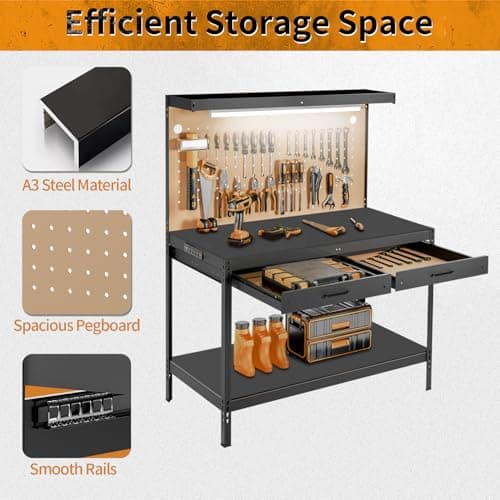 Work Benches for Garage, Heavy Duty Workbench with Drawers Lights Pegboard & 12 Hooks, 600LBS Capacity Suitable for Tool Organizers and Storage, for Garage Workshop Basement Workshop Garden & Shop 5