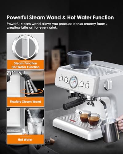 Joy Pebble Espresso Machine,20 Bar Professional Espresso Maker with Coffee Bean Grinder Milk Frother,Coffee Machine for Espresso/Cappuccino/Latte,Single & Double Cup,Stainless Steel 6