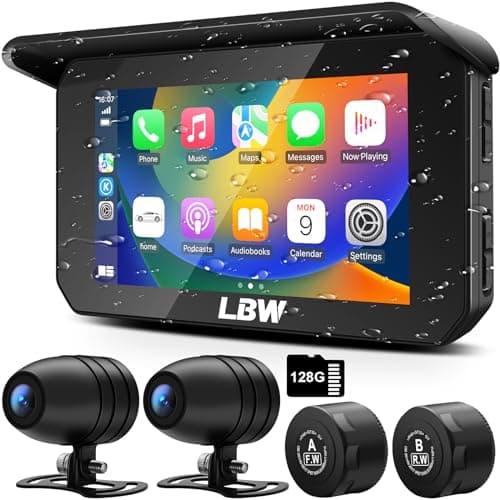LBW 5'' Motorcycle Carplay with Dash Cam & TPS,Android Auto,Front&Rear HD 1080P Camera (IMX307 Chip),G-Sensor,IPS Motorcycle Touch Screen with DVR,Support Bluetooth Siri,Includes 128G SD Card