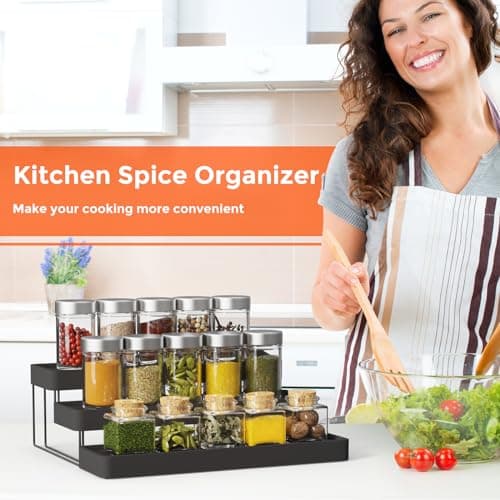INVOCOO Expandable Spice Rack Organizer - 3 Tier Adjustable Spice Organizer for Cabinet & Countertop - Easy Visibility - Black 8