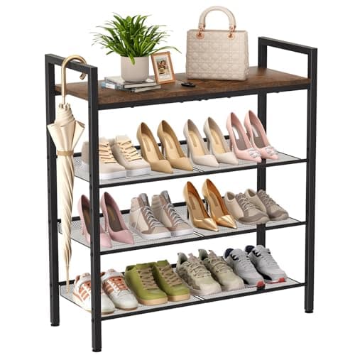 WIN4ALL Shoe Rack for Front Door Entrance, 4 Tier Shoe Rack for Entryway, 12-16 Pairs of Shoes, Metal Shoe Rack Organizer, Free Standing Shoe Rack for Closet (Black+Rustic Brown)