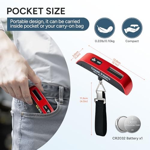 travel inspira Luggage Scale, Portable Digital Hanging Baggage Scale for Travel, Suitcase Weight Scale with Rubber Paint, 110 Pounds, Battery Included - Red 6