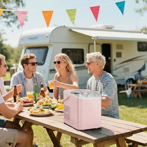 NEWBULIG Ice Makers Countertop with Handle, Portable Ice Machine, 9 Bullet Ice Cubes in 6 Mins, 26lbs in 24Hrs, Auto-Cleaning, with Basket and Scoop, for Home, Kitchen, RV, Camping,Light Pink 8