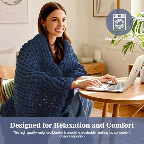 Goodhipi Hand-Knit Weighted Blanket for Adults, Chunky Knit Blanket,Cooling,Breathable,Sustainable,Machine Washable,Organic Cotton,Easter Gifts for Women Birthday Gifts(Blue,40"*60",8lbs) 5