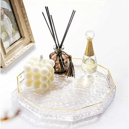 Halyuhn 10 Inch Decagon Glass Tray With Gold Rim - Clear Hammered Vanity Makeup Display With 2" Wall, Thick Decorative Dresser Bathroom Perfume Cosmetic Tray for Tabletop Countertop