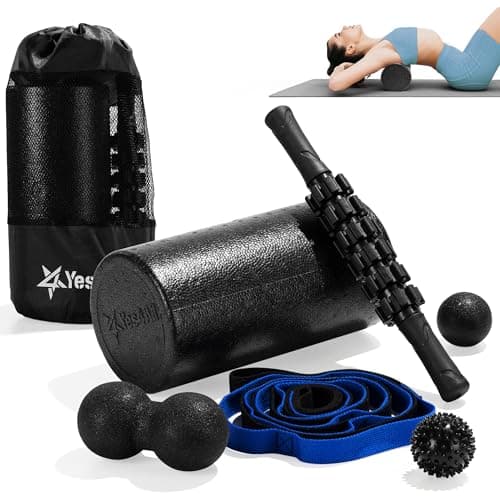 Yes4All Foam Muscle Roller Set, 7-in-1 High-Density Set of Back Roller, Fascia Massage Tool, Stretch Strap, Spiky, Peanut & Smooth Massage Balls, Carry Bag - Ideal for Muscle Care & Relaxation