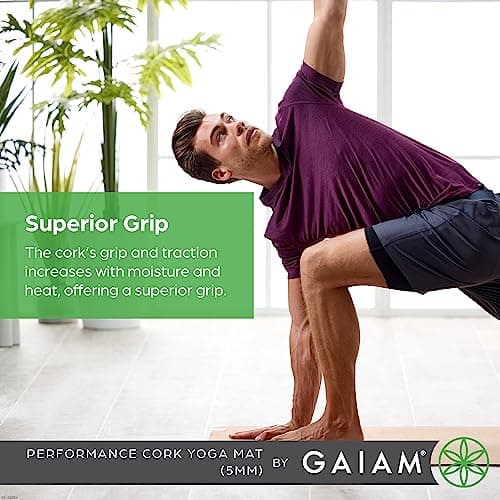 Gaiam Cork Yoga Exercise Mat | Natural Sustainable Cork Resists Sweat and Odors | Non-Slip TPE Backing Prevents Slipping| Great for Hot Yoga, Pilates, Fitness Working Out (68" x 24"x 5mm Thick) 5