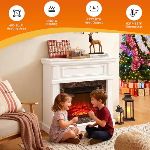 CKEASEAN 42 inch Electric Fireplace with Mantel, Portable Freestanding Wood Stove with Remote Control, 23'' Fireplace Insert Heater,1400W Realistic 3D Flame Stacked Stone Surround 7