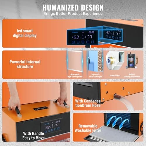 145 Pint Commercial Dehumidifier,Crawl Space Dehumidifier with Pump and Hose,Portable, AutoDefrost, Memory Restart Starting,Whole House dehumidifier for Basements, Warehouses 7