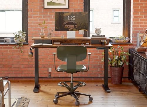 FEZIBO 48'' x 24'' Height Adjustable Electric Standing Desk with Double Drawer, Home Office Stand Up Table with 4 Height-Adjustable Feets & 2 Hooks, Vintage Brown 6