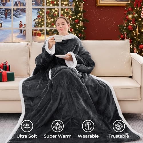 JOLLYVOGUE Wearable Heated Blanket - Heating Electric Blanket with Sleeves & Foot Pocket, Heated Throw for Adult, Birthday Gifts with 7 Heat Settings & fixed 4h Auto Shut-off (50*70 Inch, Dark Grey) 8