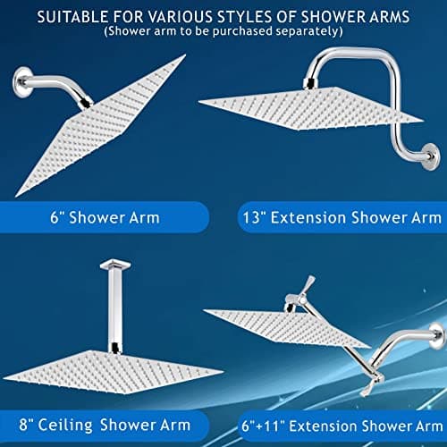 Voolan Rain Shower Head - High Flow Large Rainfall Shower Heads Made of Stainless Steel - Waterfall Bathroom Square Showerhead - Ceiling or Wall Mount (12" Chrome) 8