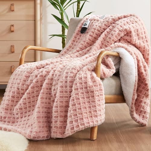 Codi Faux Fur Heated Throw Blanket for Women, Pink Luxury Soft Heating Blankets with Fuzzy Sherpa Back, Electric Throws for Sofa as A Great Gift, 6 Heat Setting with 2H Auto Shut Off, 50"x 60"