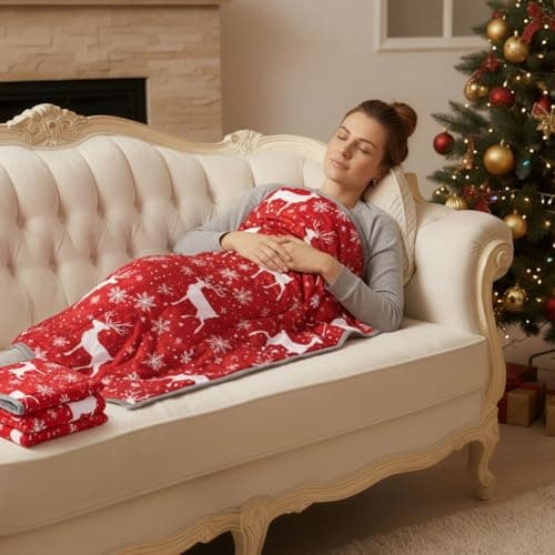 Breling Weighted Lap Blanket 5 Lbs, Christmas Weighted Blanket for Adults, 29" x 24" Soft Small Lap Pad White Snowflake Reindeer Design for Relaxation, Napping, Sleeping, Travel, Machine Washable
