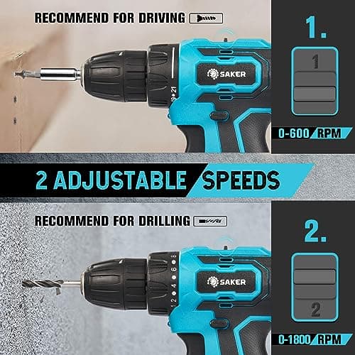 Saker Cordless Drill Set, Brushless 20V Electric Drill with Drill Bits, 3/8-Inch Keyless Chuck, 2 Variable Speeds, 430 In-lbs Torque Battery Power Screwdriver Driver for Plastic, Wood, Metal, Screws 6
