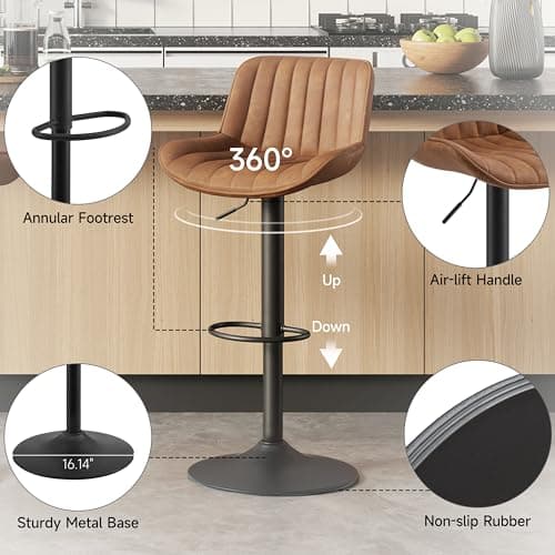 Volans Bar Stools Set of 4, Mid Century Modern Faux Leather Swivel Adjustable Height Bar Stool, Counter Height Pub Bar Chair with Back, Black Powder Coated Base, Yellow Brown 3